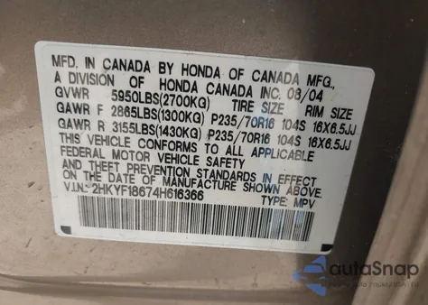 2004 Honda Pilot Ex-L из США, поврежденный, VIN 2HKYF18674H616366